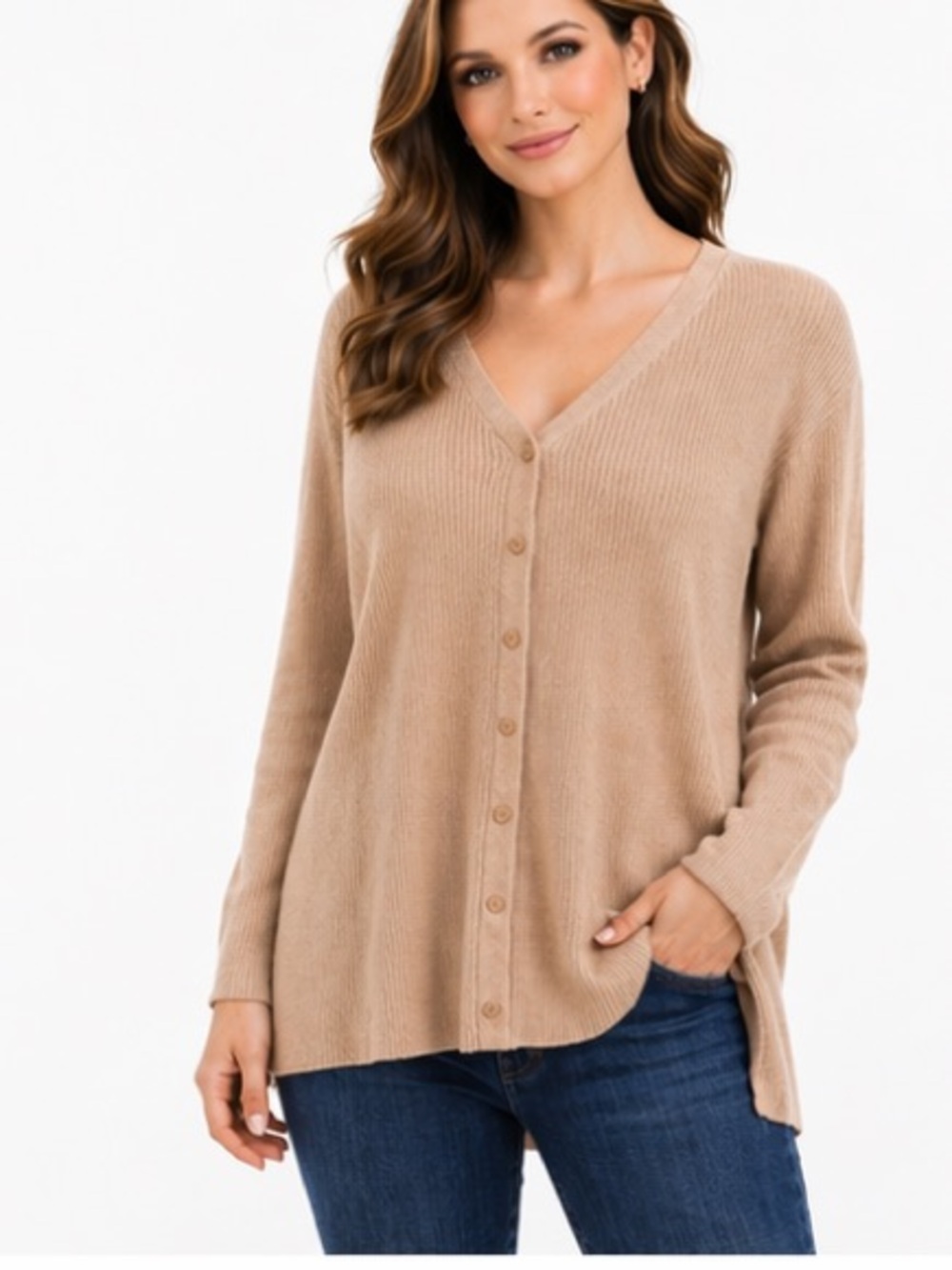 Tan Silver Sparkle Ribbed Cardigan Sweater